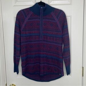Eddie Bauer fair-isle inspired berry and navy blue quarter zip sweater | M